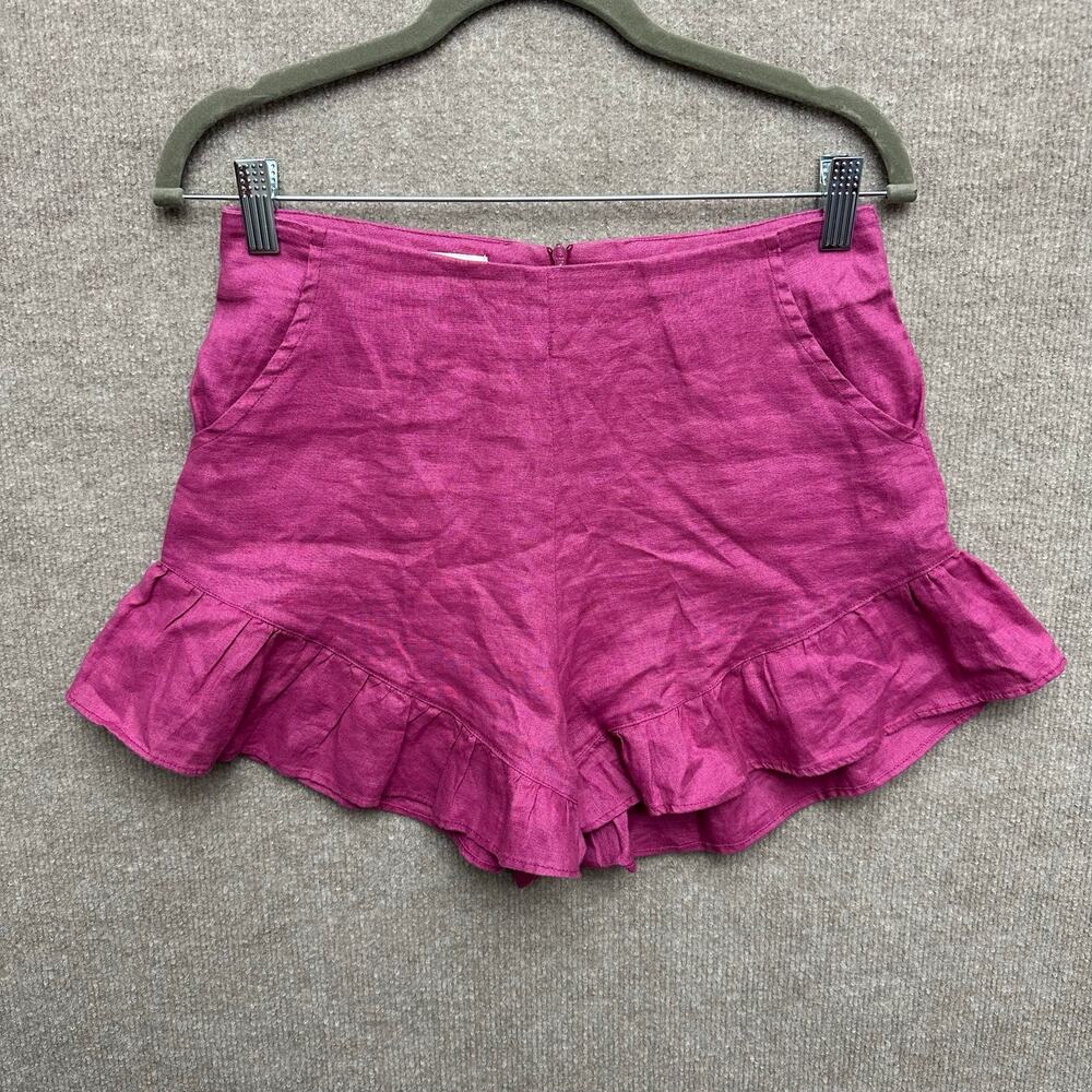 Lanhtropy Lola Magenta Pink Linen High-Waisted Ruffle Shorts Summer Resort SMALL